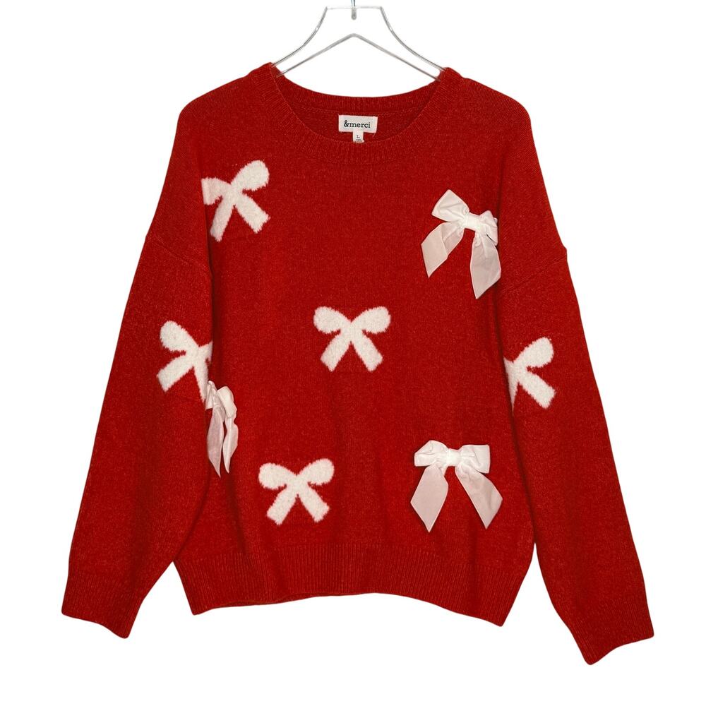 &Merci Velvet Bow Knit Sweater Red Ivory L NEW Crewneck Cozy Holiday Coquette